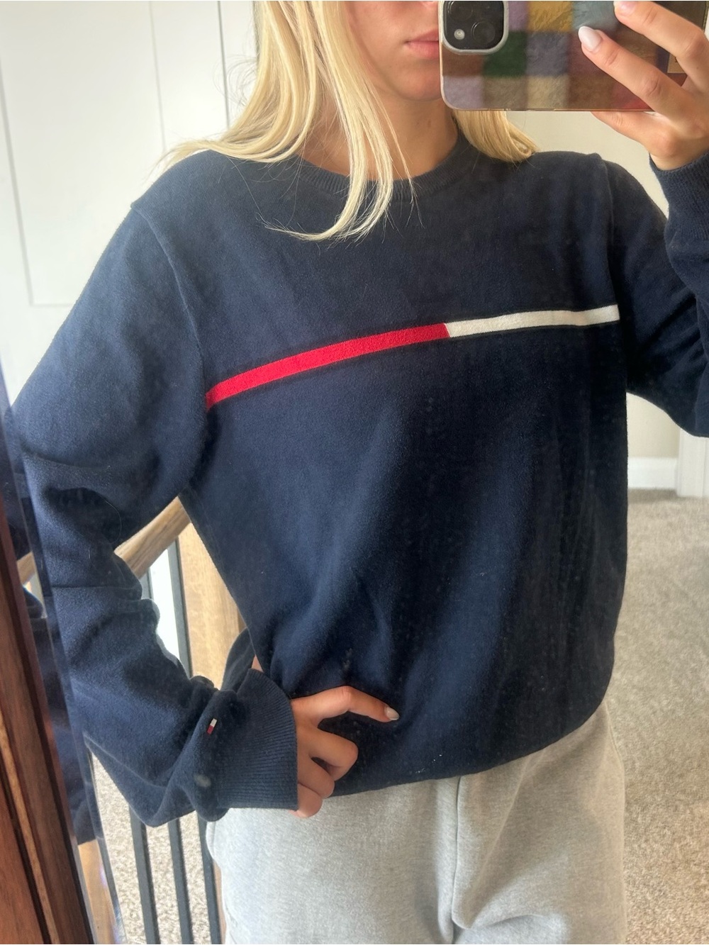Tommy Hilfiger Navy Crewneck Sweater with Red & White Chest Stripe